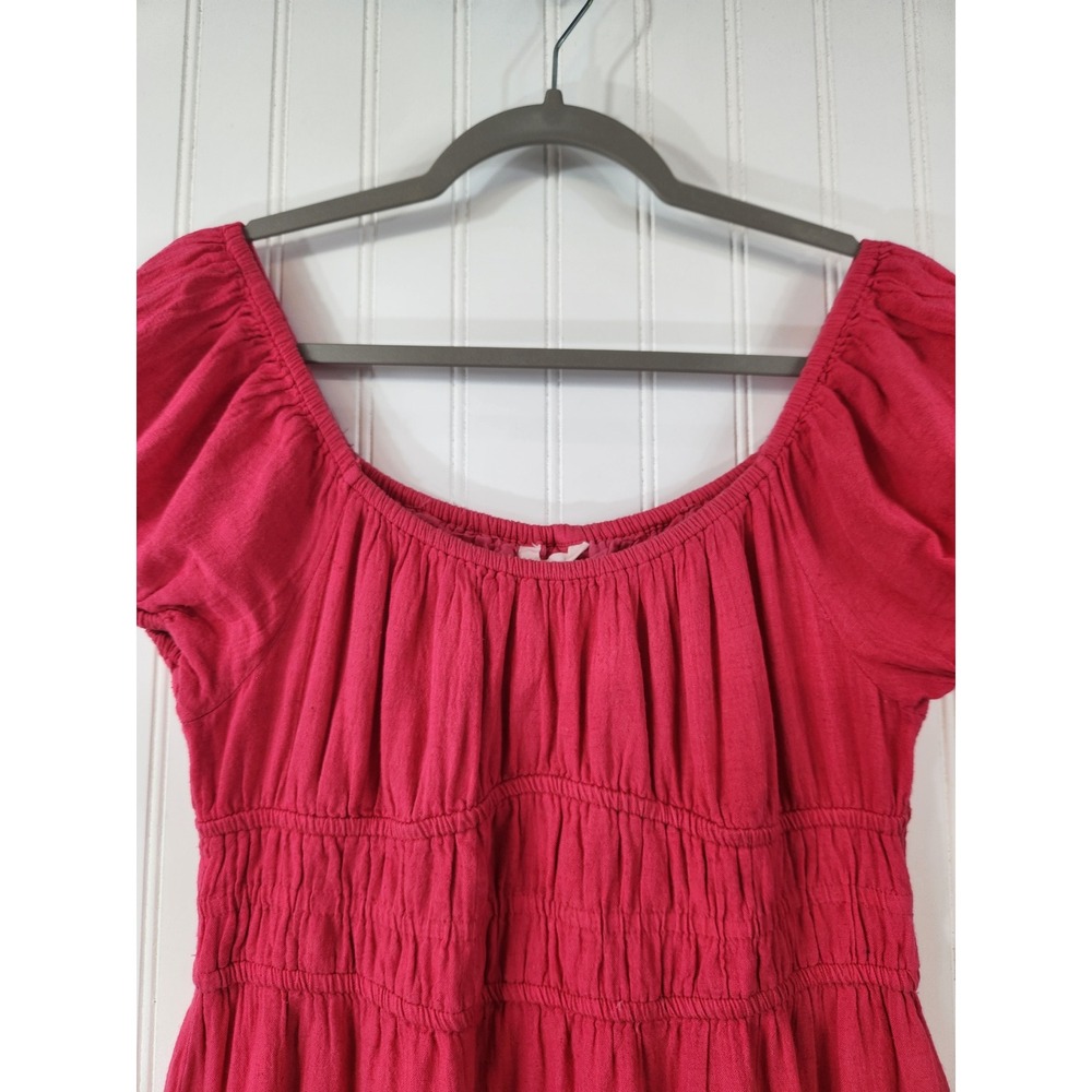 Sim & Sam Hot Pink Smocked Midi Dress XL Linen Blend Ruffle Hem Short Sleeve - Picture 3 of 10